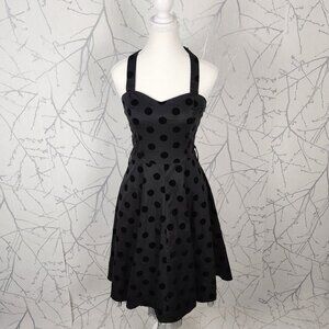 Hearts & Roses Black Velvet Polkadot Fit & Flare Halter Dress